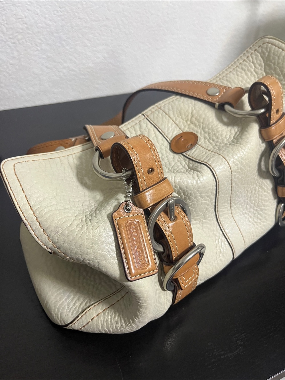 Coach Chalk and Saddle Brown Leather Shoulder Bag with Ring-Link Straps
